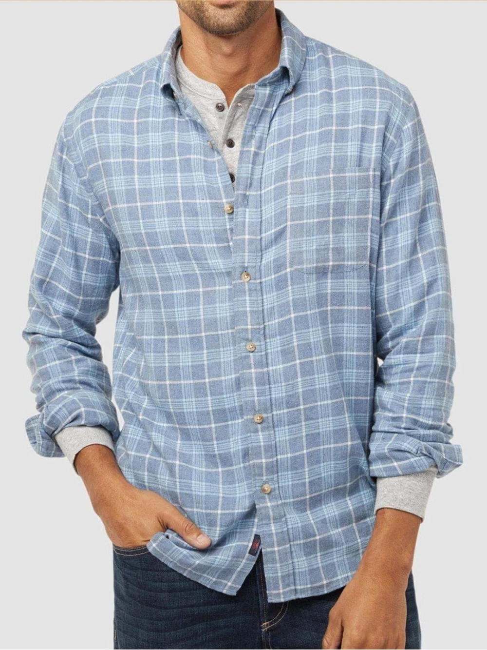 Faherty men S reversible long-sleeve cotton work shirt blue plaid retro vintage